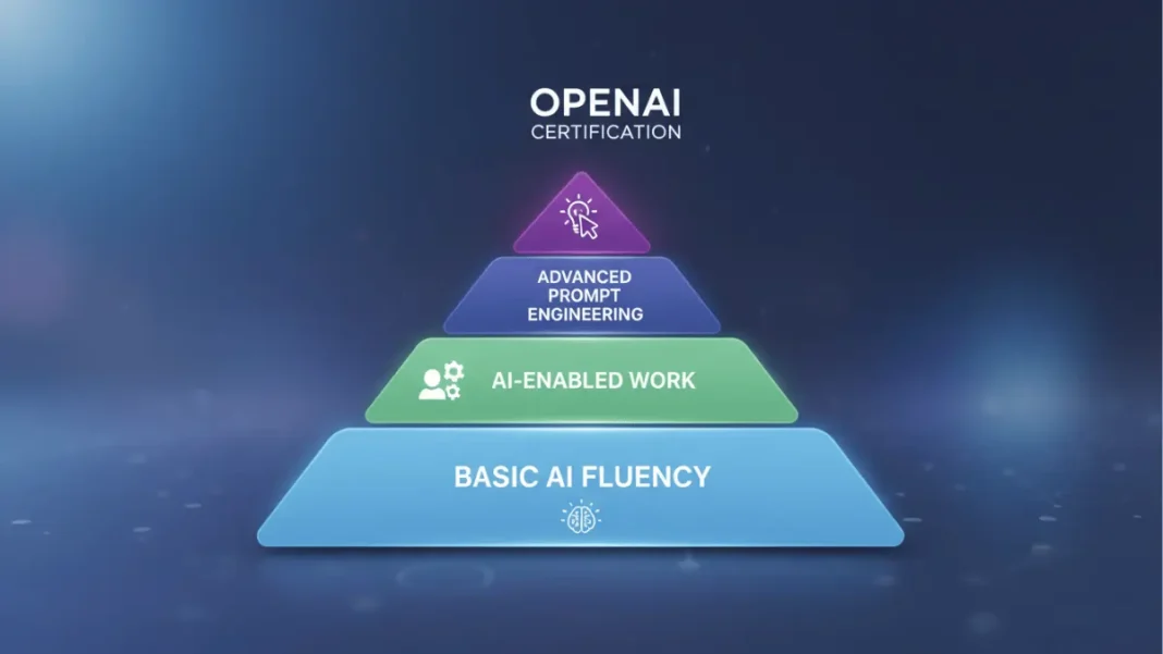 OpenAI certification three-tier structure showing basic AI fluency, AI-enabled work, and advanced prompt engineering levels