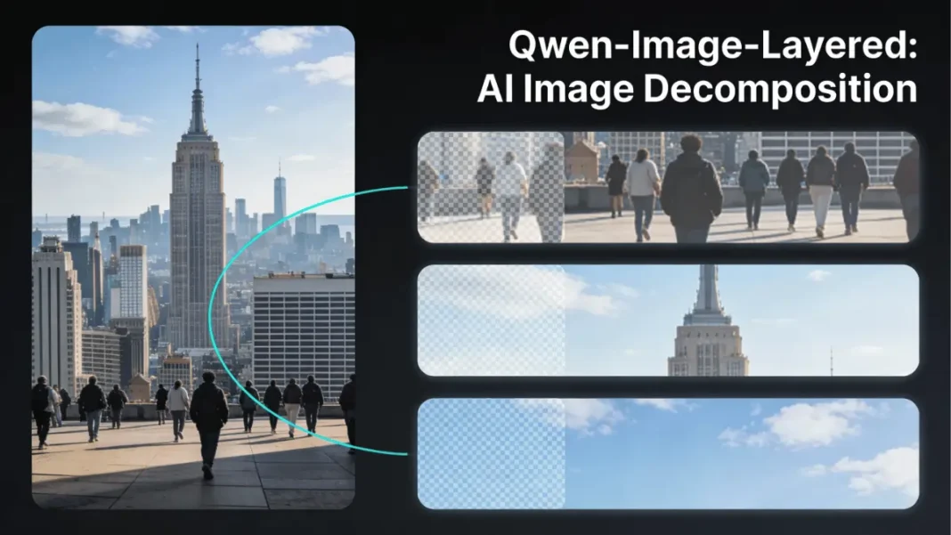 Demonstration of Qwen-Image-Layered AI splitting a photo into 3 editable RGBA layers showing foreground subject, midground elements, and background separated with transparency