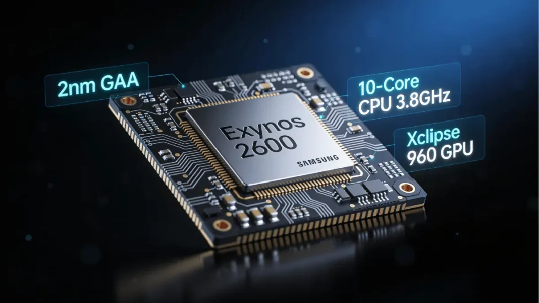 Samsung Exynos 2600 processor chip with 2nm GAA technology branding and specifications