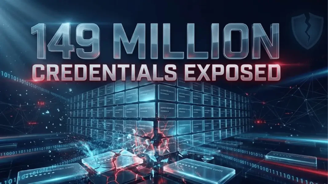 149 million login credentials exposed in massive data breach showing shattered digital security cards and warning typography