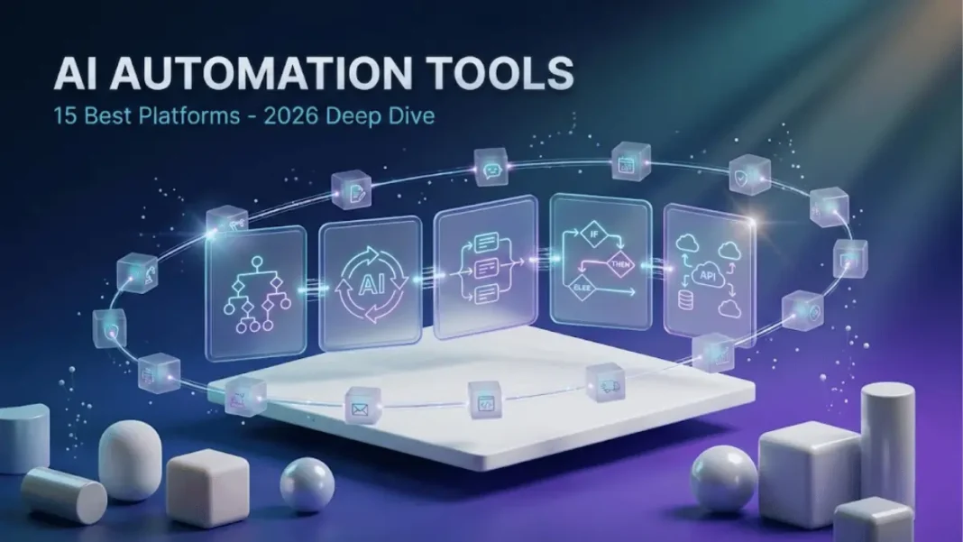 3D rendered AI automation platform visualization showing interconnected glass panels with glowing workflow diagrams, 15 platform cubes connected by luminous fiber-optic networks, set against navy-to-purple gradient background with volumetric lighting and professional typography displaying AI Automation Tools 2026
