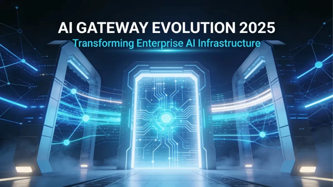 AI Gateway infrastructure visualization with glowing neural networks and data streams, featuring 