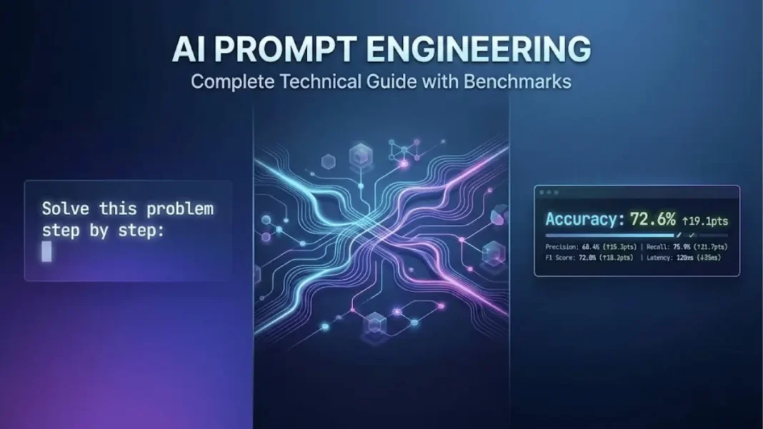 AI prompt engineering workflow visualization showing input prompt, Chain-of-Thought neural processing, and MMLU-Pro benchmark improvements with professional typography on tech gradient background