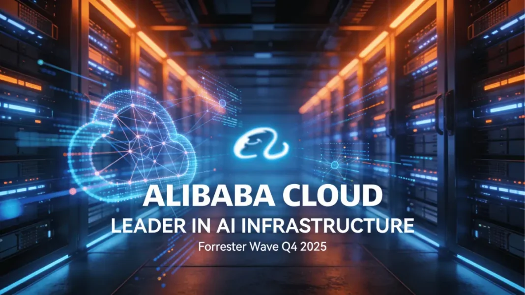 Alibaba Cloud data center with neural network visualizations and text overlay reading 