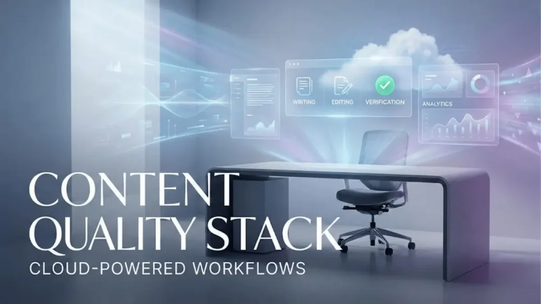 Professional studio hero image showing Alibaba Cloud content quality stack workflow with cloud interfaces, holographic editing stages, and typography overlay for tech news article