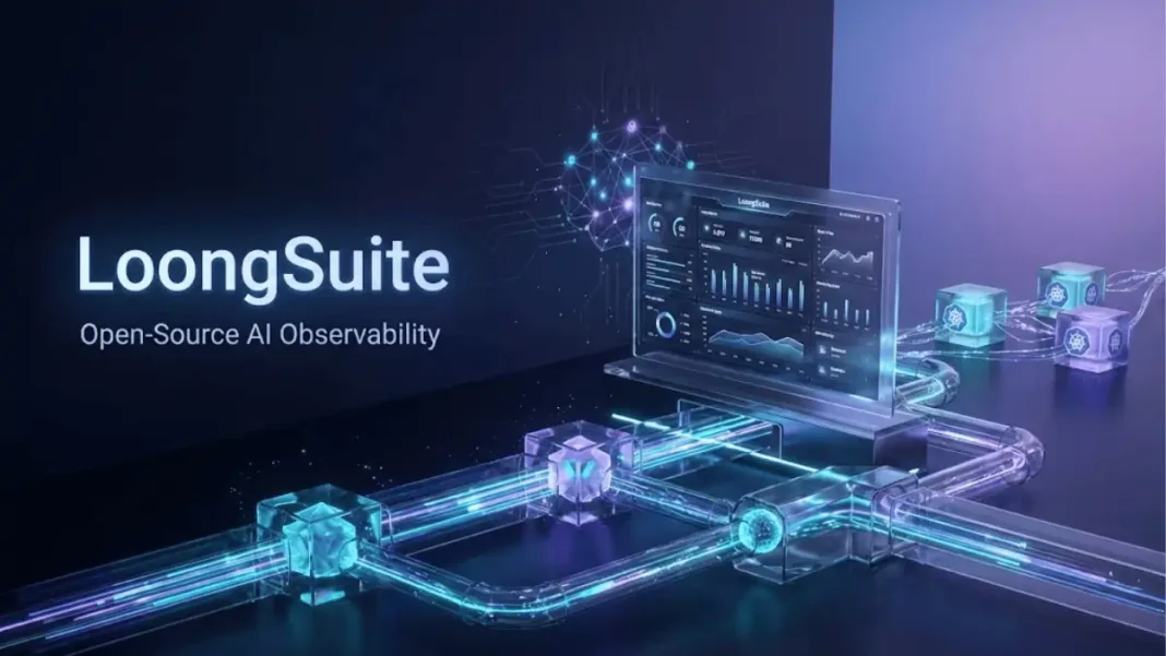 Alibaba Cloud LoongSuite open-source AI observability platform visualization showing data streams, monitoring dashboards, and distributed infrastructure with 10x performance boost