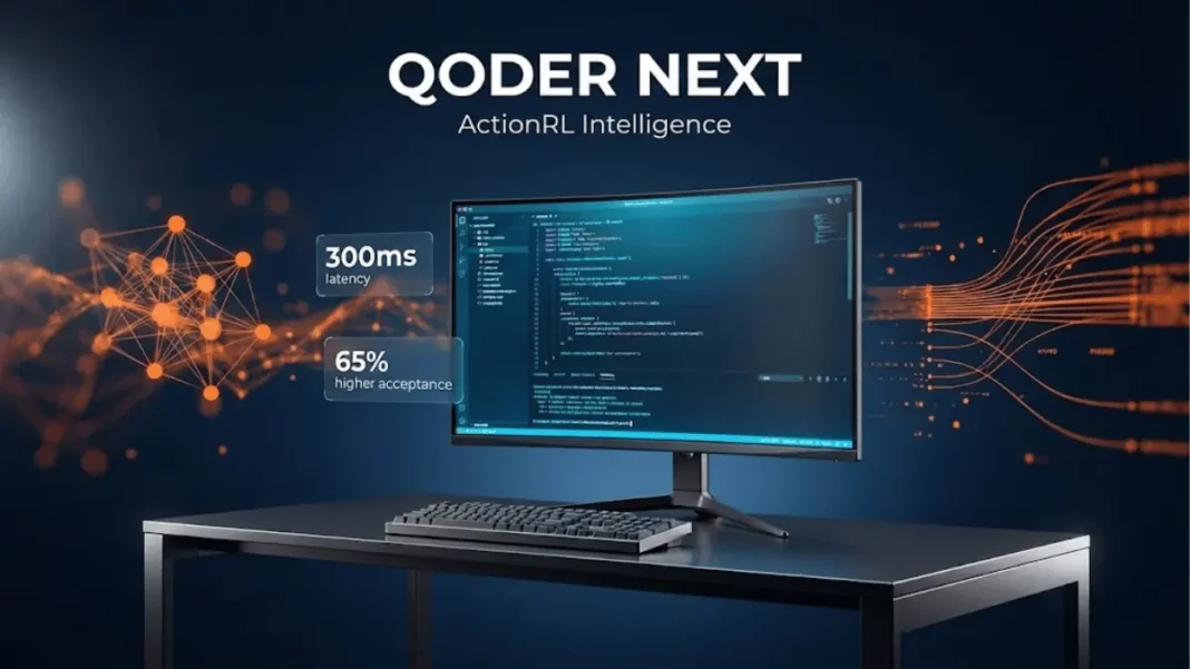 Alibaba Cloud Qoder NEXT AI code editor interface showing 300ms latency and 65% acceptance rate improvement with ActionRL