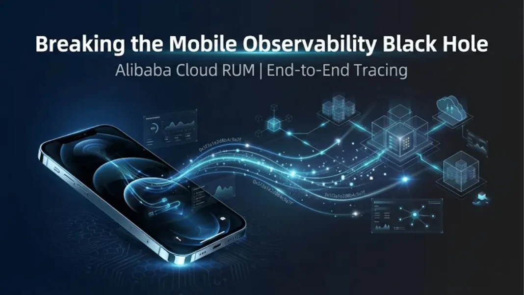 Alibaba Cloud RUM end-to-end distributed tracing visualization showing mobile device connected to cloud infrastructure