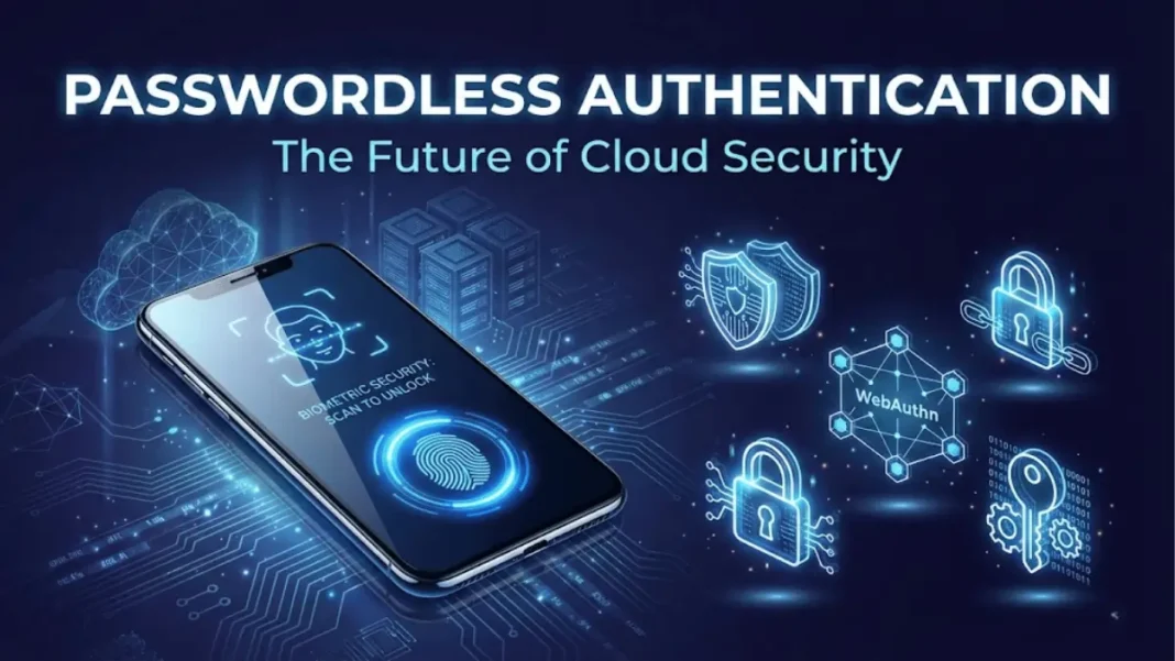 Alibaba Cloud passwordless authentication technology featuring biometric fingerprint scanner and WebAuthn security protocols with holographic cloud infrastructure visualization
