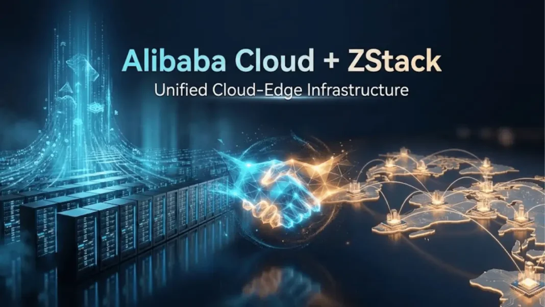 Alibaba Cloud and ZStack unified cloud-edge infrastructure merger visualization showing hyperscale data center integration with distributed edge computing nodes across global network