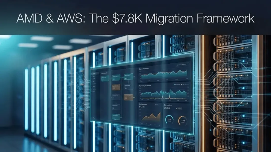 AMD and AWS cloud infrastructure migration framework visualization showing data center servers with cost savings metrics and performance analytics for EC2 instance optimization