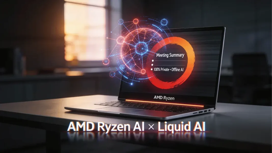 AMD Ryzen AI laptop running Liquid AI on-device meeting summary with private offline processing and neural network visualization