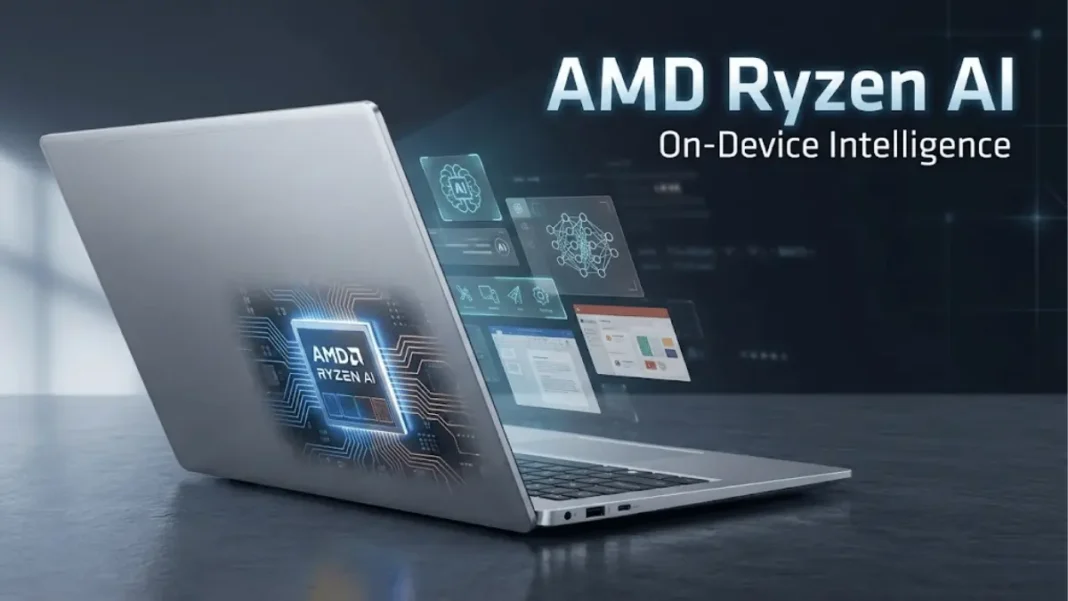 AMD Ryzen AI laptop with transparent cutaway showing NPU processor architecture and holographic AI interface elements on dark studio background
