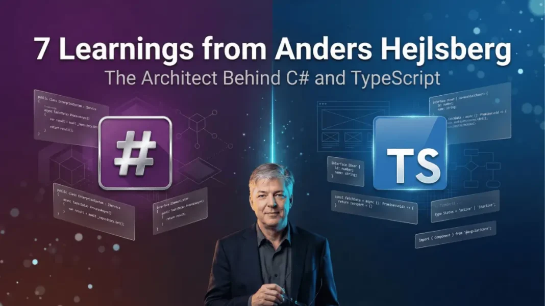 Anders Hejlsberg, Microsoft Technical Fellow and architect of C# and TypeScript, featured in split-screen hero image with C# purple branding on left and TypeScript blue branding on right, displaying 