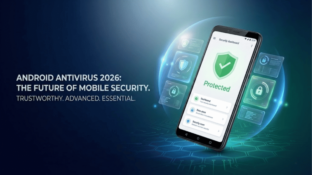 Android smartphone showing antivirus protection with security shield and lock icons