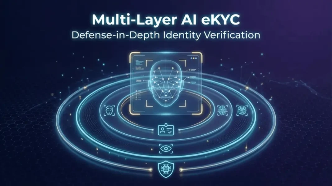 Multi-layered AI eKYC defense system showing holographic facial biometric verification with four security layers combating deepfake attacks in financial services