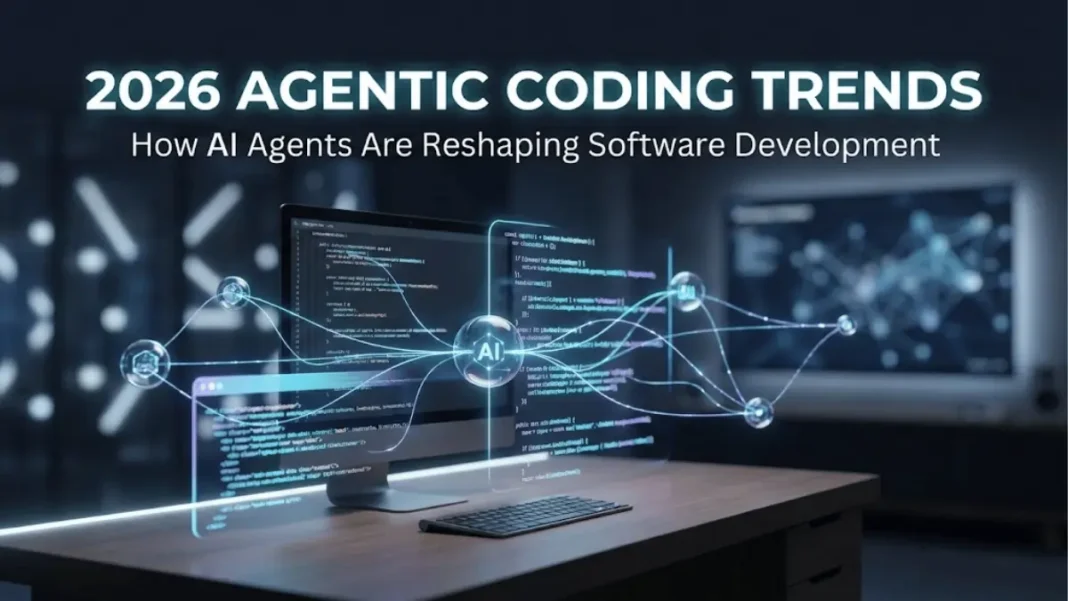 Futuristic AI coding environment showing holographic code streams and neural pathways representing Anthropic's 2026 Agentic Coding Trends Report on software development transformation