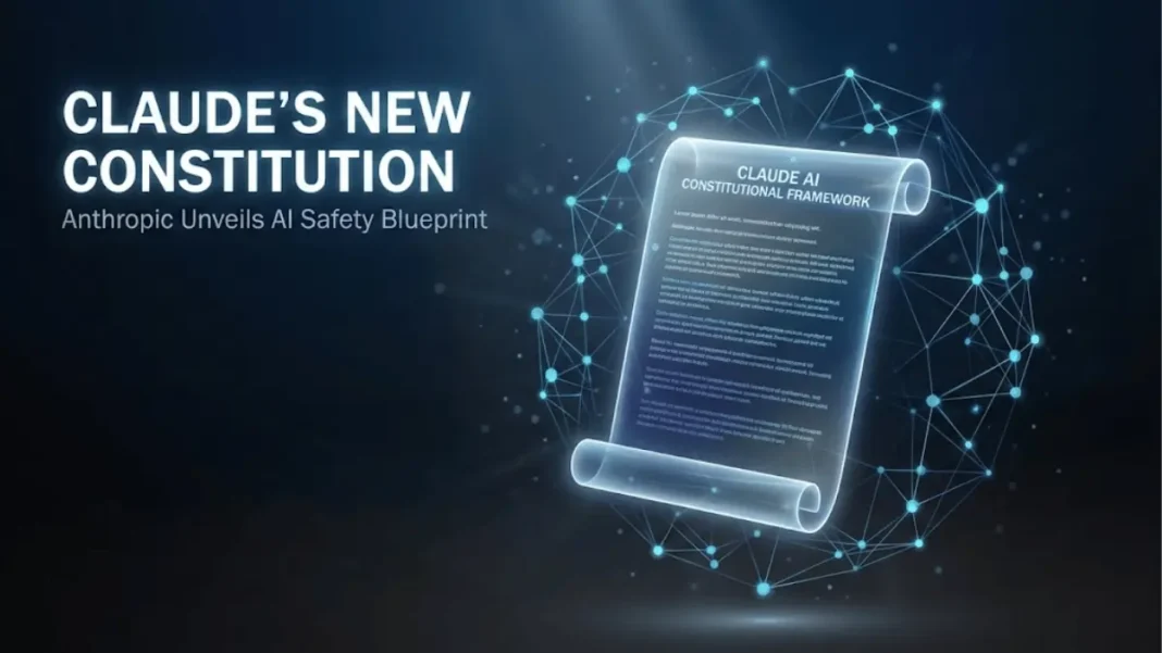 Anthropic Claude AI constitution document with neural network visualization representing new AI safety transparency framework