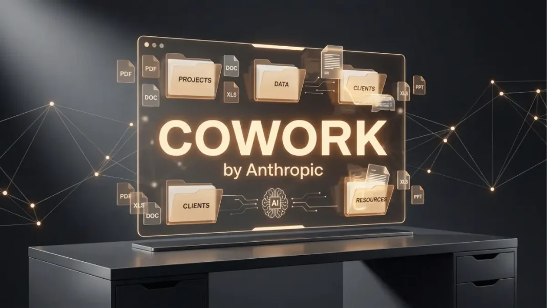 Anthropic Cowork AI agent interface showing automated file management and document creation for Claude Max subscribers in 2026
