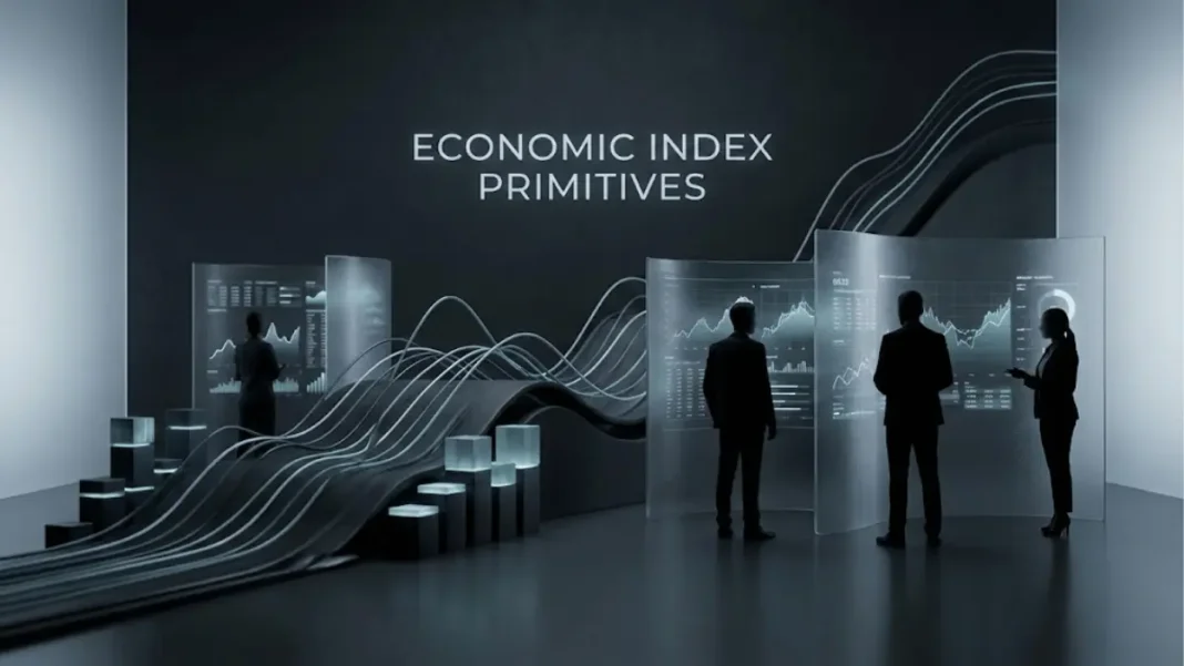 Studio-quality editorial image illustrating Anthropic’s Economic Index Primitives with abstract economic data, AI analytics, and professional research visuals.