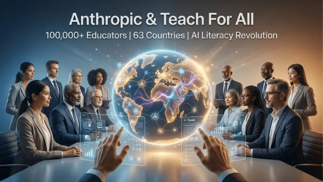 Anthropic and Teach For All global AI education partnership with holographic world map showing 63 countries, educators using Claude AI tools for classroom innovation
