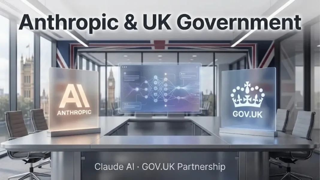 Anthropic and UK Government partnership announcement featuring Claude AI integration with GOV.UK services, showing holographic AI visualization and official logos in modern government office setting