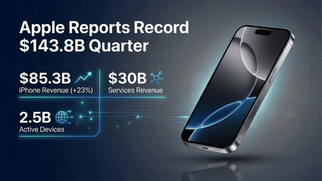 Apple Q1 2026 earnings: $143.8B revenue, $85.3B iPhone sales, $30B Services, 2.5B active devices - record quarter results
