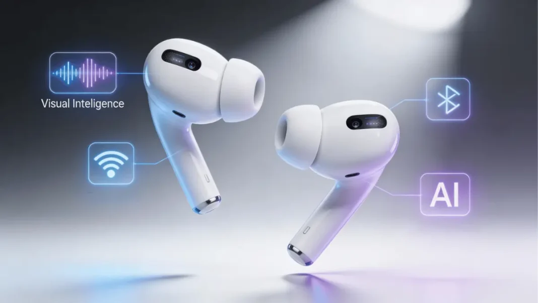 Apple AirPods Pro 3 with infrared cameras and Visual Intelligence features floating against gradient background with holographic UI elements