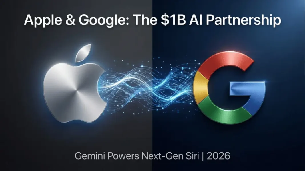 Apple and Google logos connected by AI neural networks illustrating their $1 billion Gemini AI partnership for Siri announced January 2026