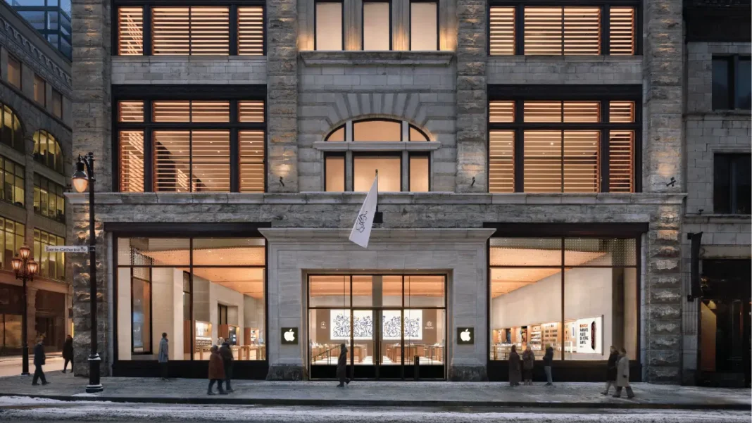Apple Sainte-Catherine retail store in historic Montreal building with restored copper cornice and Saint-Marc stone facade on opening day January 2026