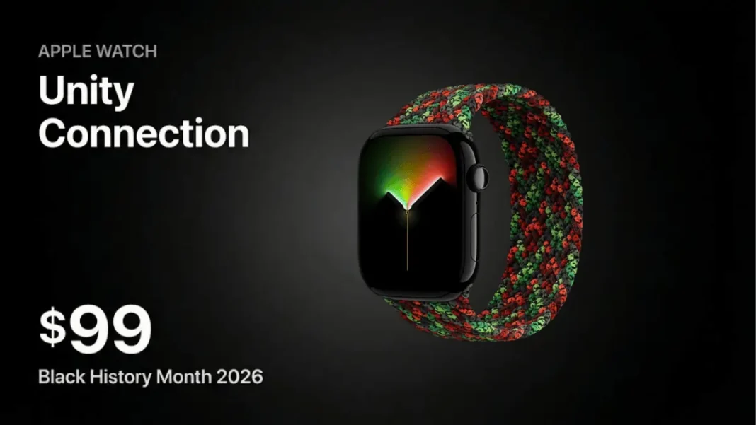 Apple Watch Unity Connection Braided Solo Loop featuring Pan-African flag colors—red, green, and black braided band—priced at $99 for Black History Month 2026