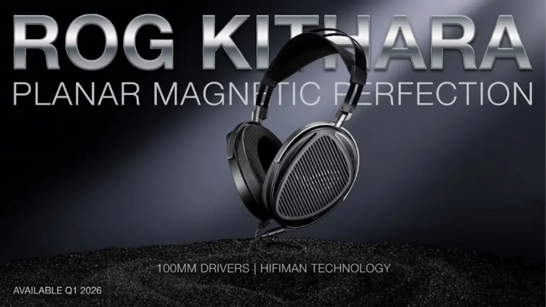 ASUS ROG Kithara planar magnetic gaming headset with open-back design and 100mm HIFIMAN drivers on dark studio background