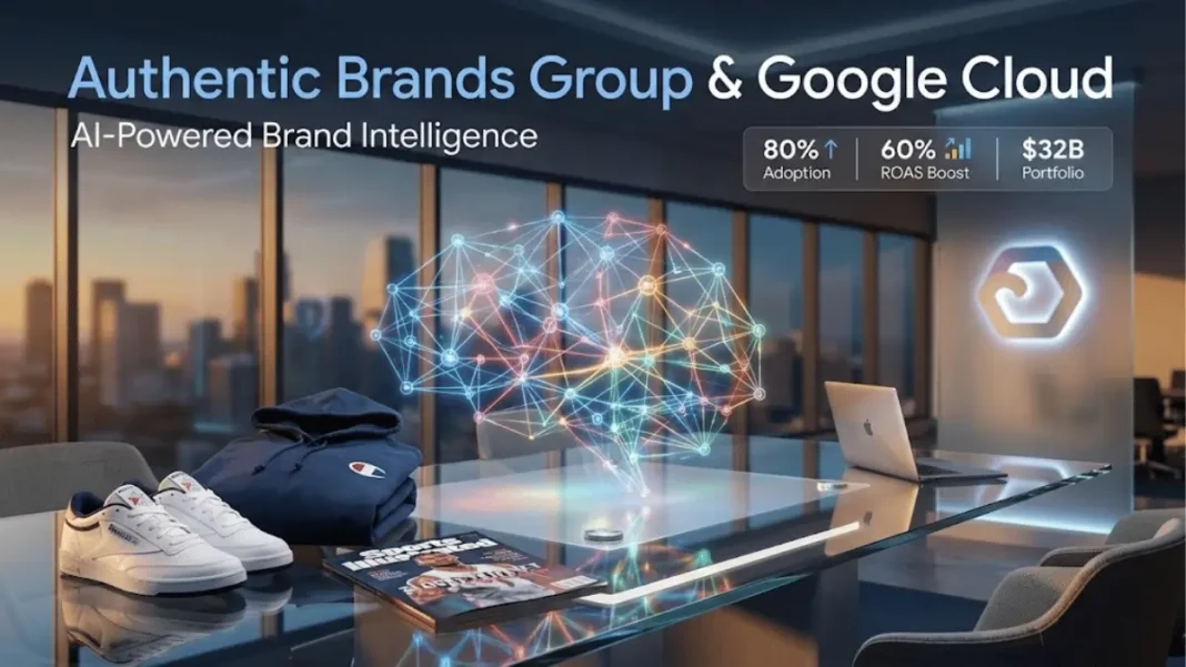 Authentic Brands Group and Google Cloud AI partnership visualization showing Reebok Champion brands with holographic network