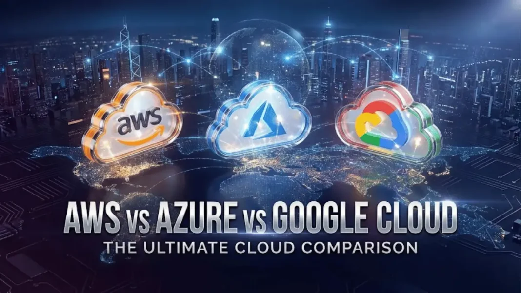 AWS vs Azure vs Google Cloud 2026 ultimate comparison hero image featuring cloud computing platforms with branded logos, network connectivity visualization, and global infrastructure over futuristic city skyline