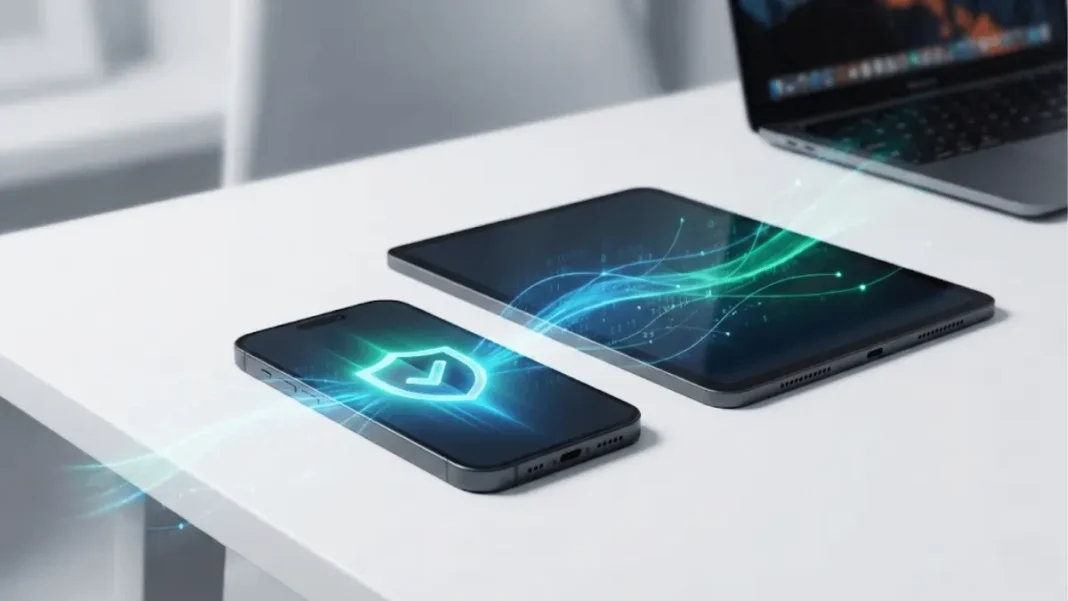 iPhone and iPad with security shield icon showing antivirus protection in 2026