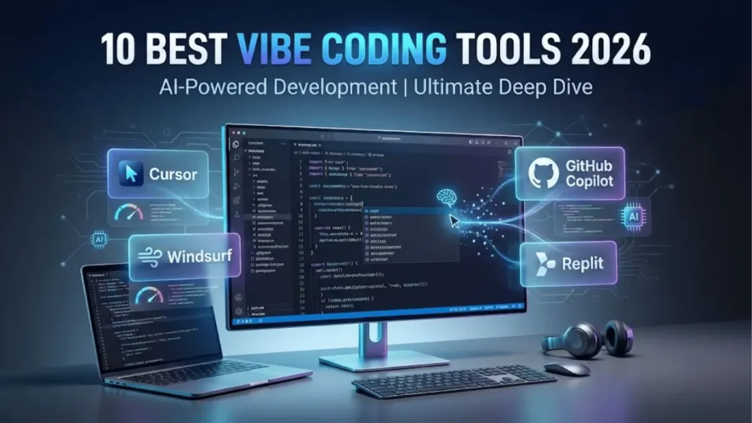 10 best vibe coding tools 2026 comparison featuring Cursor, Windsurf, GitHub Copilot, and Replit with AI-powered code editor interface and holographic UI elements on dark workspace background