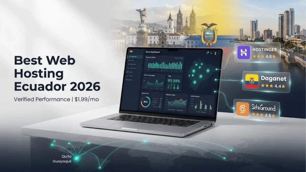 Best web hosting Ecuador 2026 comparison featuring Hostinger Premium 4.6-star rating at $1.99/month with NVMe storage, Daganet Ecuador local hosting 4.4-star at $39/year with IVA compliance and Spanish cPanel, SiteGround 4.5-star managed WordPress $2.99/month, Cloudflare PoP locations in Quito and Guayaquil Ecuador, uptime guarantees 99.9%, performance benchmarks TTFB analysis, and AdwaitX verified data January 2026