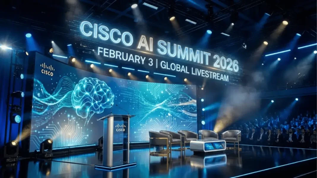 Cisco AI Summit 2026 stage with holographic visuals featuring speakers Jensen Huang, Sam Altman, and Marc Andreessen discussing $6.7 trillion AI infrastructure investment on February 3 global livestream