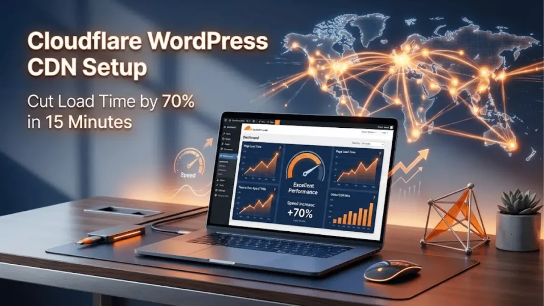 Cloudflare WordPress CDN setup tutorial showing global network map with performance metrics and speed optimization dashboard