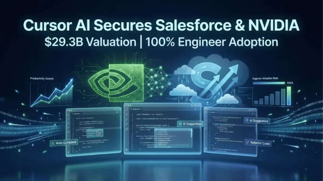 Cursor AI enterprise adoption announcement featuring Salesforce and NVIDIA logos with $29.3 billion valuation and 100% engineer adoption metrics displayed on futuristic code editor interface