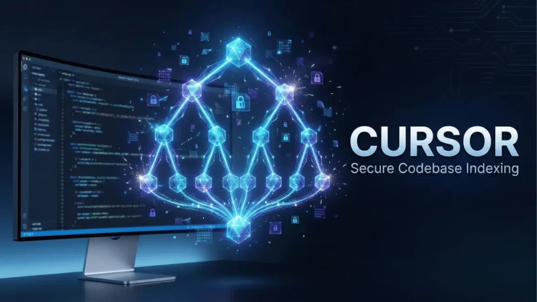 Cursor's secure codebase indexing architecture visualization showing Merkle tree encryption, code editor interface, and SOC 2 Type II certification for enterprise AI development