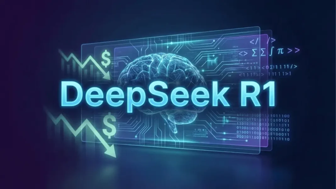 DeepSeek R1 AI model with neural network graphics and cost efficiency visualization