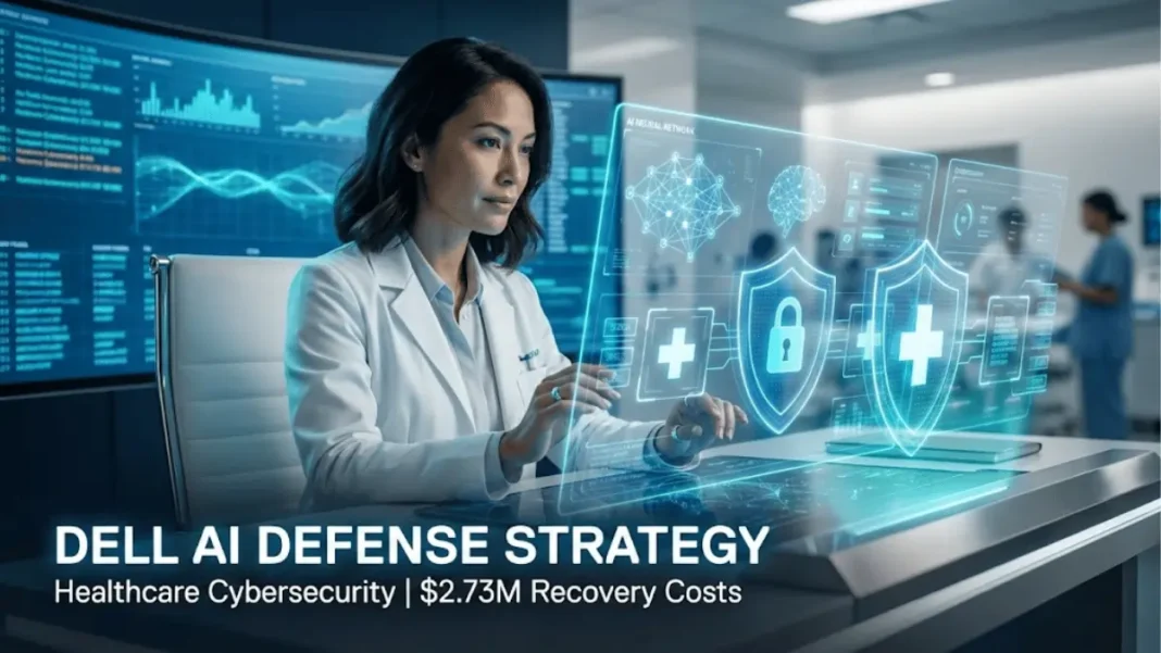 Healthcare IT professional examining holographic AI-powered cybersecurity dashboard protecting patient data with digital shield interface showing ransomware defense analytics and medical records encryption