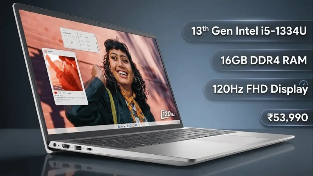 Dell Inspiron 3530 laptop with 13th Gen Intel Core i5-1334U processor, 16GB RAM, and 120Hz FHD display on studio background with floating specifications overlay