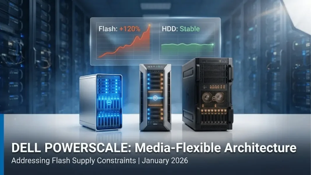 Dell PowerScale three-tier storage architecture showing NVMe flash, hybrid, and HDD servers with rising flash price visualization