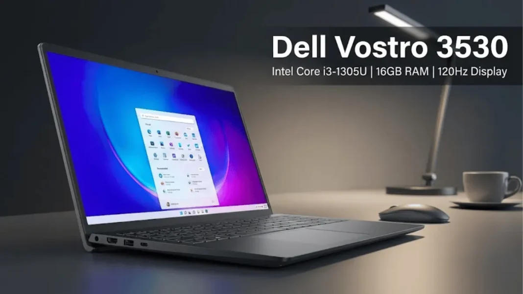 Dell Vostro 3530 laptop with Intel Core i3-1305U processor, 16GB DDR4 RAM, and 120Hz FHD display on professional desk setup, featured in AdwaitX tech review at ₹40,990 India price