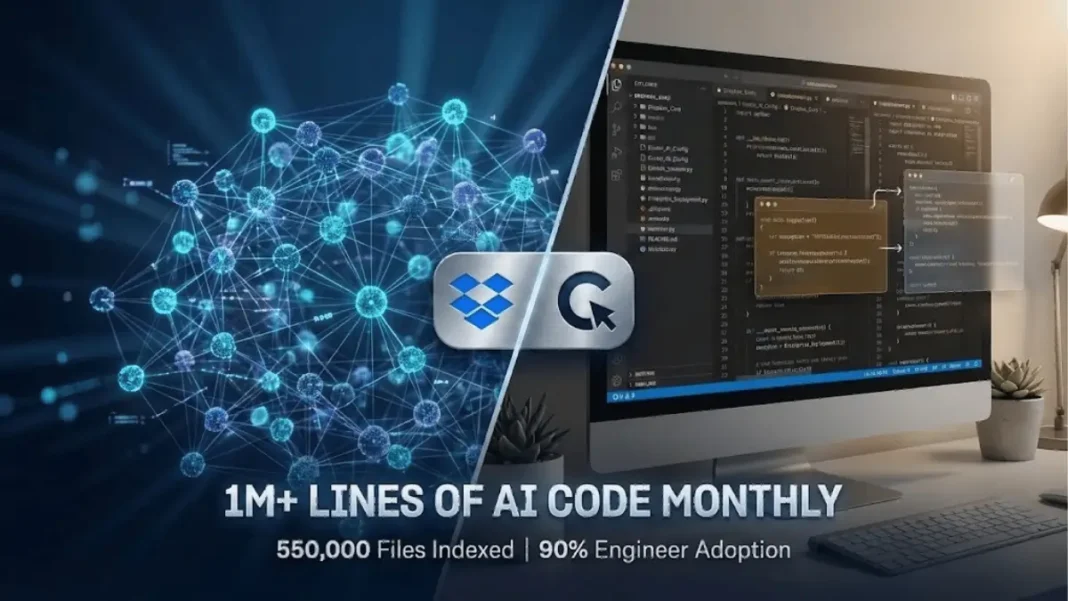 Dropbox Cursor AI deployment visualization showing 550,000 file monorepo with 1M+ monthly AI-generated code lines