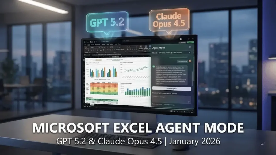 Microsoft Excel Agent Mode interface displaying GPT 5.2 and Claude Opus 4.5 AI model integration on desktop workspace