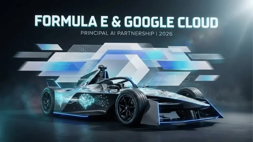 Formula E electric race car with Google Cloud AI neural network visualization and holographic data streams, announcing 2026 Principal Partnership with Gemini integration