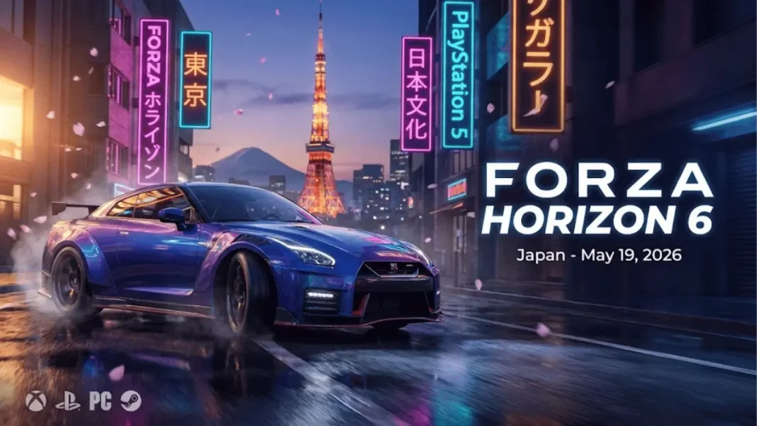 Forza Horizon 6 hero image featuring Japanese sports car drifting through neon-lit Tokyo streets with Tokyo Tower and Mount Fuji in background, announcing May 19, 2026 release on Xbox, PlayStation 5, PC, and Steam